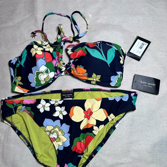 Kate Spade Navy and Green Floral Bikini Large Halter Top High Cut Bottom New - Picture 4 of 10